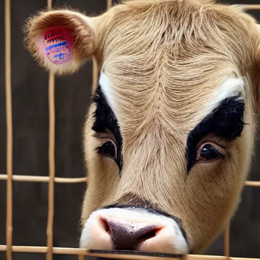 Image similar to calf inside a cage looking a bottle of milk