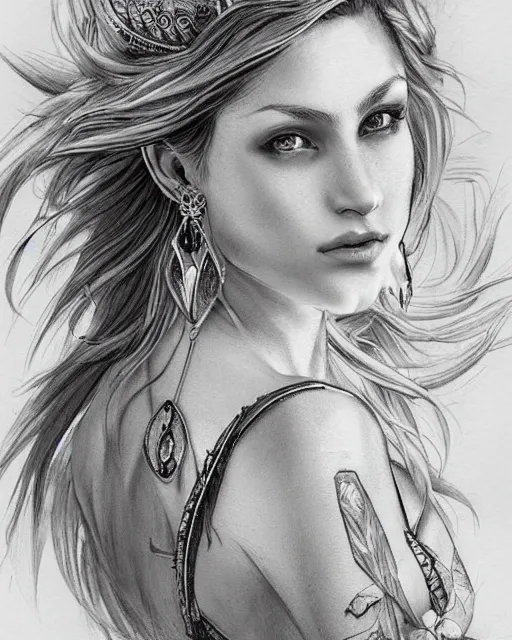 Image similar to tattoo sketch of beautiful greek goddess aphrodite with arrowhead earrings, beautiful piercing eyes, flowing blonde hair, realistic face, hyper realistic, in the style of greg rutkowski, fantasy, amazing detail, epic, intricate, elegant, smooth, sharp focus