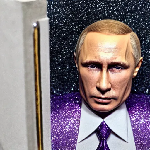 Prompt: Vladimir Putin with silver-violet hair, white eyes and golden glittery dress, wide lens, diorama, 4k,