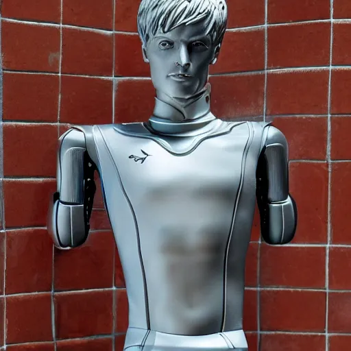 Image similar to a realistic detailed photo of a guy who is an attractive humanoid who is half robot and half humanoid, who is a male android, soccer player martin ødegaard, shiny skin, posing like a statue, blank stare, by the pool, on display, showing off his muscles, humanoid robot, frozen ice statue