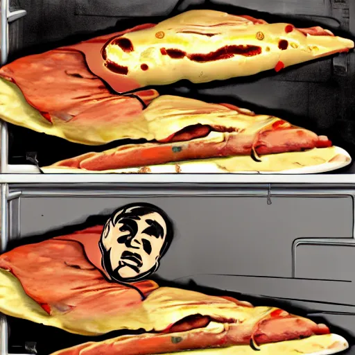 Prompt: al capone as a calzone being turned into a calzone as a calzone but still with the face of al capone being baked in an oven as a calzone, realistic, hyperrealistic, ultra realistic, real, real world, highly detailed, very detailed, extremely detailed, intricate details, 8 k resolution, hd quality