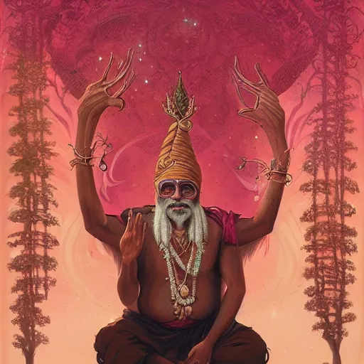 Image similar to wise old Indian guru, multiple arms, large ears, pink and gold , by Anato Finnstark, Tom Bagshaw, Brom