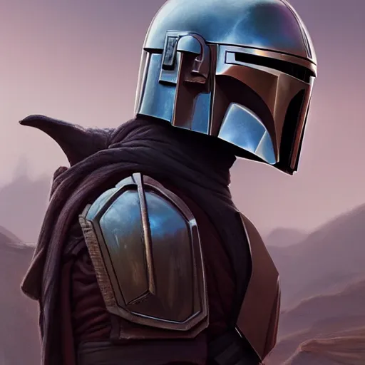 Image similar to the mandalorian, portrait, concept art by doug chiang cinematic, realistic painting, high definition, concept art, portait image, path tracing, serene landscape, high quality, highly detailed, 8 k, soft colors, warm colors, turbulent sea, high coherence, anatomically correct, hyperrealistic, concept art, defined face, symmetrical 5