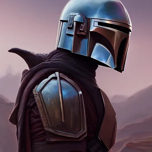 Prompt: the mandalorian, portrait, concept art by doug chiang cinematic, realistic painting, high definition, concept art, portait image, path tracing, serene landscape, high quality, highly detailed, 8 k, soft colors, warm colors, turbulent sea, high coherence, anatomically correct, hyperrealistic, concept art, defined face, symmetrical 5