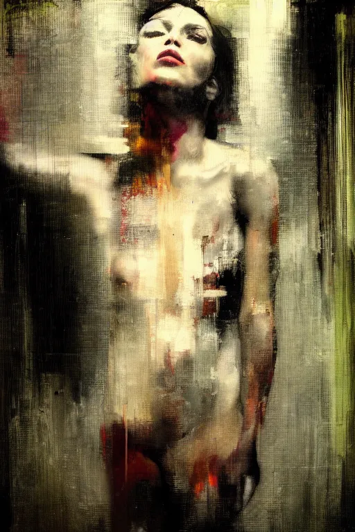 Image similar to a beautiful glitched painting by christian hook of a woman in a bathroom, brushstrokes by jeremy mann, still life, dark colors