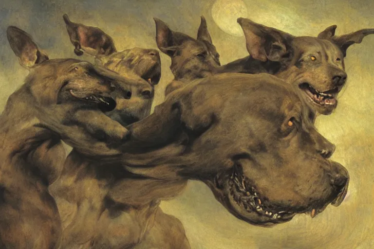 Image similar to hyperdetailed matte art of a three headed dog cerberus by william blake, ilya repin, amano, rene magritte, craig mullins, three headed dog cerberus, details