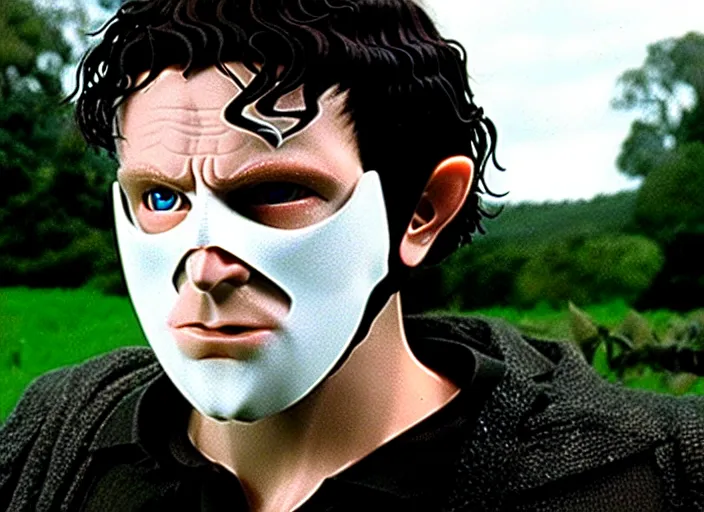 Image similar to white man with black fabric mask, short dark hair, true anatomy!, photorealistic, film still, style of lord of the ring by peter jackson - h 7 6 8