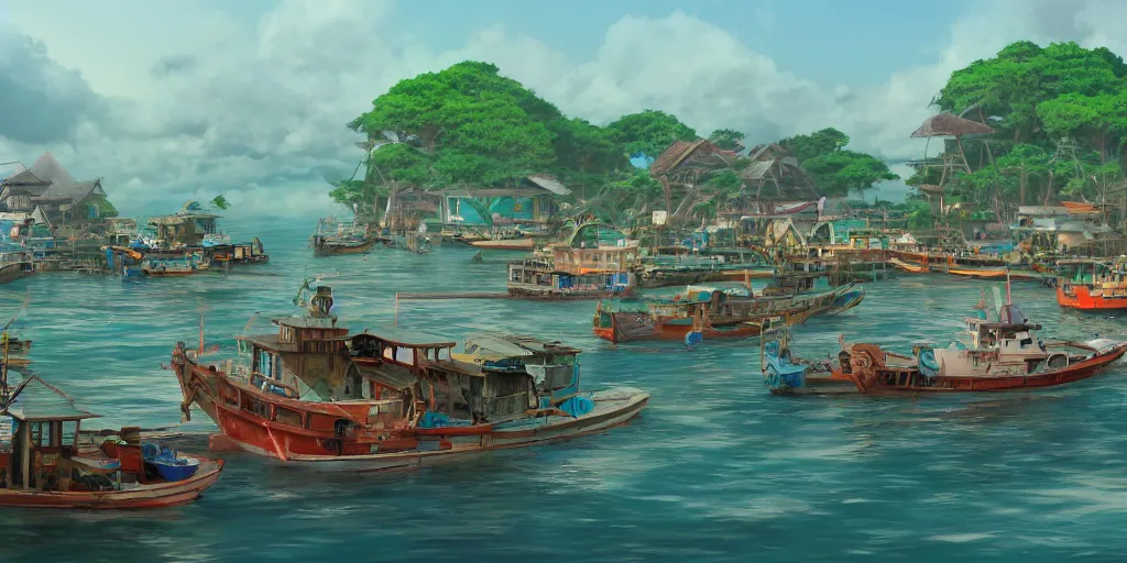 Image similar to pulau indah fishing town in the morning, detailed matte painting, studio ghibli, artstation