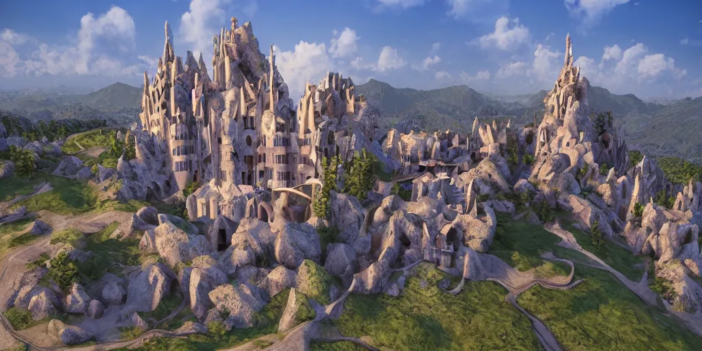 Prompt: 3 d render of a castle on the hill of a mountain design by antoni gaudi and zaha hadid, unreal engine render, highly detailed, 8 k
