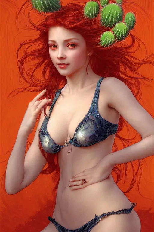 Image similar to Portrait of red-haired girl with fox ears and an evil grin in orange bikini holds a cactus cinematic lighting, intricate, elegant, highly detailed, digital painting, artstation, smooth, sharp focus, illustration, art by Yoshitaka Amano, artgerm and greg rutkowski and alphonse mucha and william-adolphe bouguereau