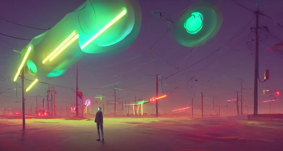 Image similar to Various Neon tube lights over a surreal landscape, rendered by simon stålenhag, rendered by Beeple, Makoto Shinkai, syd meade, environment concept, digital art, unreal engine, 3 point perspective, WLOP, trending on artstation, low level, 4K UHD image, octane render,