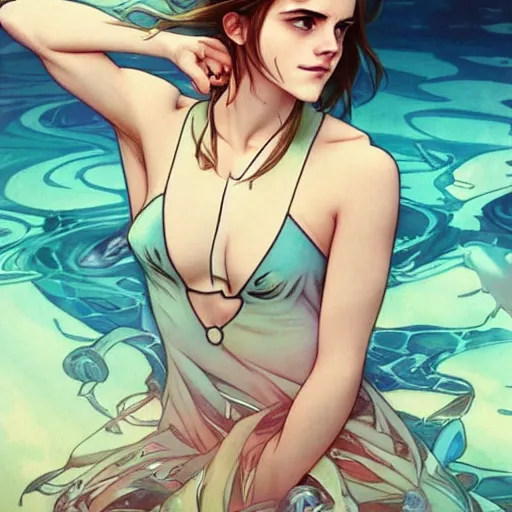 Image similar to emma watson under water, perfect coloring, low saturation, epic composition, masterpiece, bold complimentary colors. stunning masterfully illustrated by artgerm, range murata, alphonse mucha, katsuhiro otomo