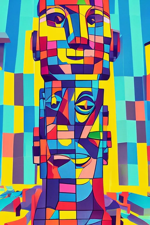 Image similar to cubist moai statue cutout digital illustration cartoon colorful beeple