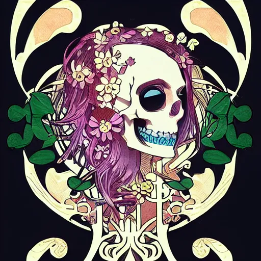 Image similar to anime manga skull portrait face skeleton female with flowers illustration style by Alphonse Mucha and Takashi Murakami pop art nouveau