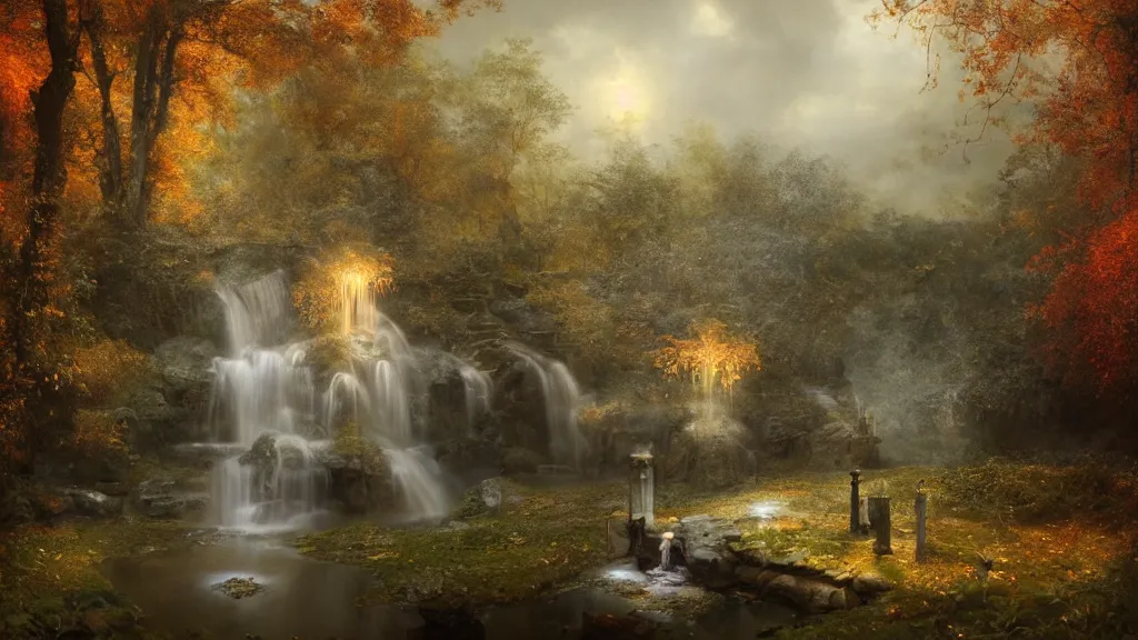 Prompt: autumn in the secret garden. a tiny fountain statue is frozen. andreas achenbach, artgerm, mikko lagerstedt, zack snyder, tokujin yoshioka