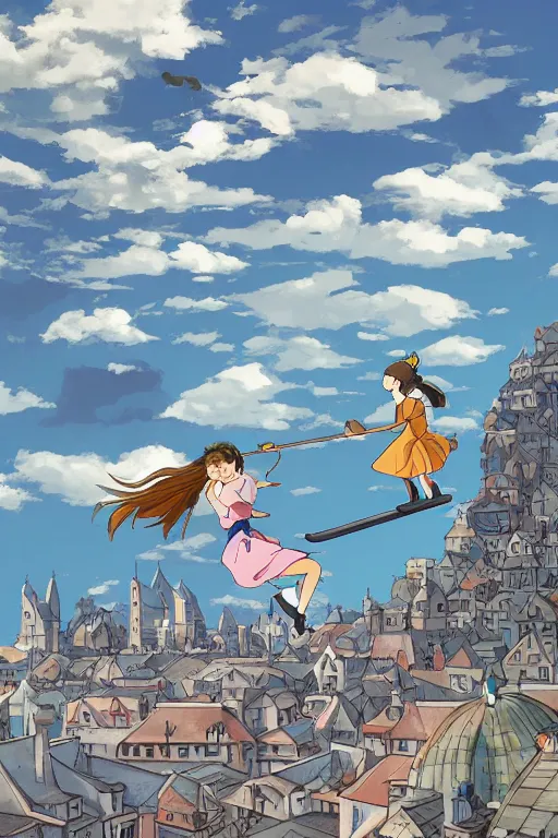 Prompt: A girl on a broomstick flying over the city sky at afternoon ,Medieval Cities ,Eye-catching blue accents,by studio ghibli,Interaction of Color, graphic design