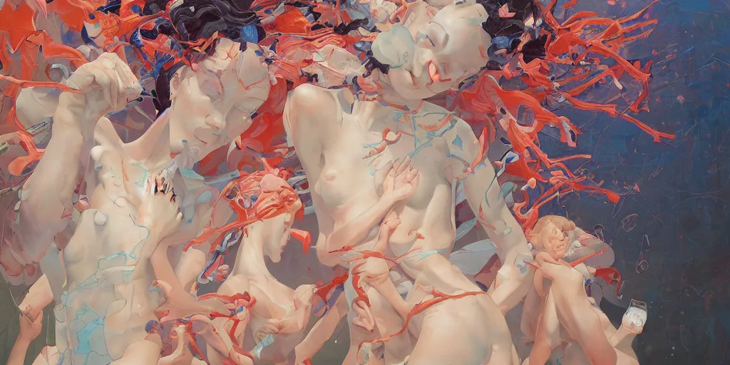 Prompt: gigantic angels painting soft light by james jean and satoshi kon and erik jones, inspired by evangelion, smooth feature, intricate oil painting, high detail illustration, sharp high detail, 1 9 9 9