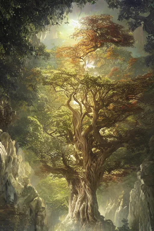 Image similar to tree of life, four seasons, volymetric light, highly detailed matte painting by noriyoshi ohrai, charlie bowater and mark brooks