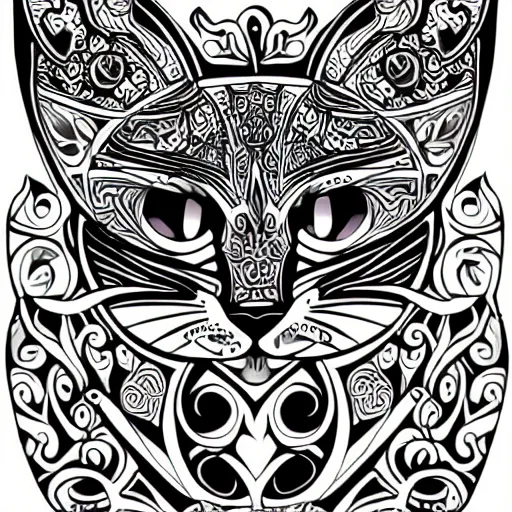 Prompt: tattoo sketch, cat, winks, draft, organic ornament, maori, vector