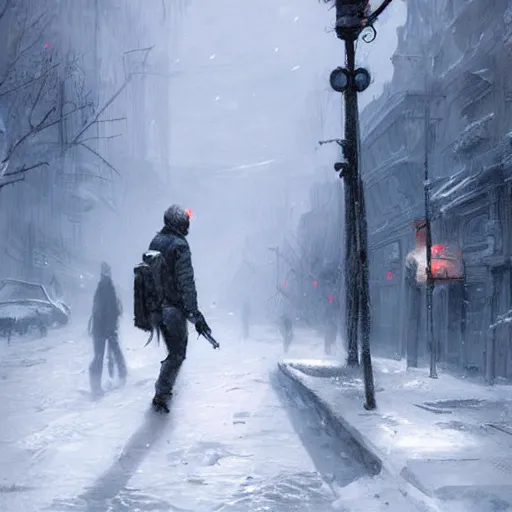 Image similar to a man walking in the snow in zombie apocalypse by greg rutkowski