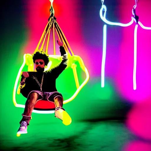 Image similar to pop art of Weeknd wearing shorts swinging on a swing at night neon lights