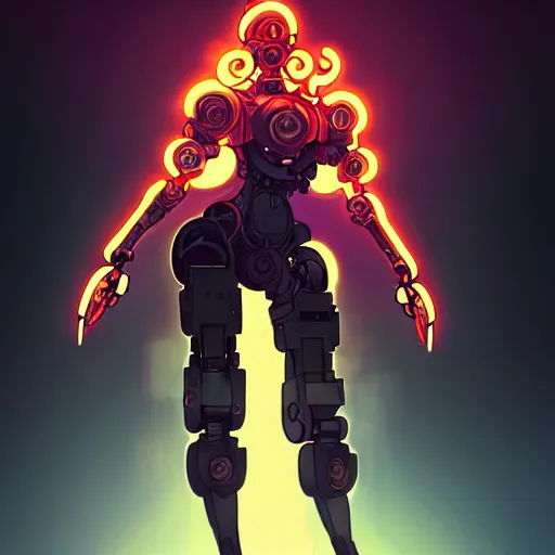 Prompt: a full body character design by artgerm, cushart krenz, ross tran, alphonse mucha. grungy industrial rectangular faceless mech robot wreathed in flame!! bold outline sharp edges. ultra clear detailed. 8 k. elegant, neon colors, dynamic angle, intricate complexity, epic composition, action pose, cinematic lighting masterpiece