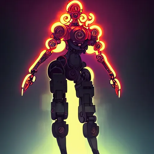 Image similar to a full body character design by artgerm, cushart krenz, ross tran, alphonse mucha. grungy industrial rectangular faceless mech robot wreathed in flame!! bold outline sharp edges. ultra clear detailed. 8 k. elegant, neon colors, dynamic angle, intricate complexity, epic composition, action pose, cinematic lighting masterpiece