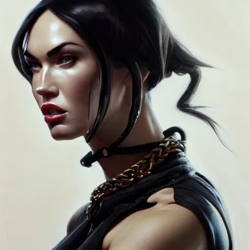 Image similar to portrait of megan fox with ball gag, muscular upper body, collar, greek, jewelry, black dress, fantasy, intricate, elegant, highly detailed, digital painting, artstation, concept art, matte, sharp focus, illustration, art by aenaluck and roberto ferri and greg rutkowski, epic fantasy, digital painting