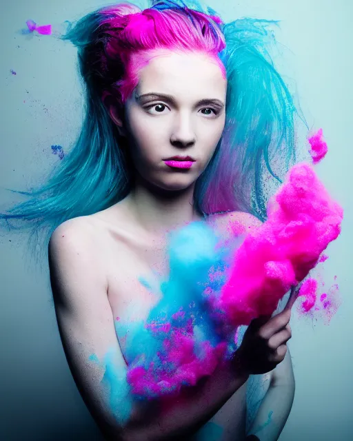 Image similar to a dramatic lighting photo of a beautiful young woman with cotton candy hair. paint splashes. with a little bit of cyan and pink