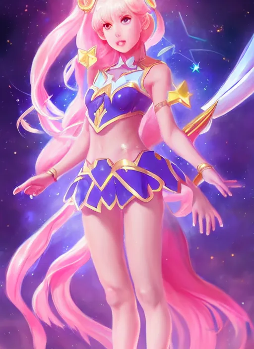 Image similar to full body portrait of a magical star guardian. detailed face, concept art, intricate, highly detailed 8 k, smooth, sharp focus, beautiful and aesthetic shape of face and body, artgerm, artstation, art by zexi guo and nira and junpei suzuki and gharliera and rinotuna