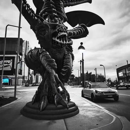 Prompt: deathclaw behind the wheel, subaru, street lighting, downtown environment, wide lens, 2 4 mm, street lamps