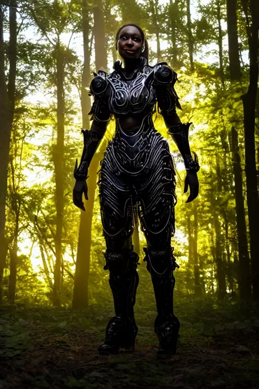 Image similar to hyperrealistic long shot mithra gorgeous black woman intricate exoskeleton armor in a forest sun behind her concept art eric zener elson peter cinematic orange light low angle hd 8k sharp rack focus