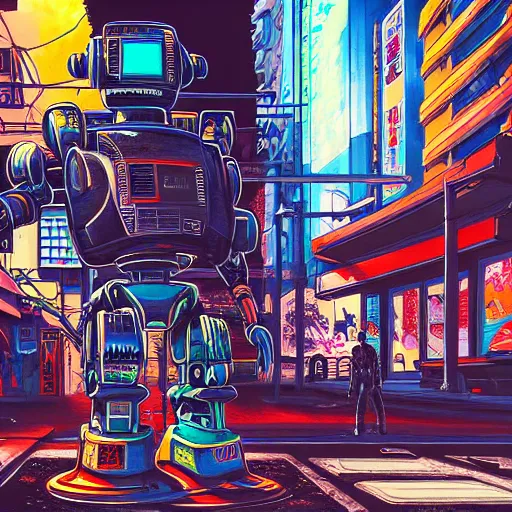 Image similar to hyper-detailed full colour painted anime illustration of a cyberpunk robot mecha dinosaur standing at a ghetto street corner wry graffiti in the background, night, city, dark