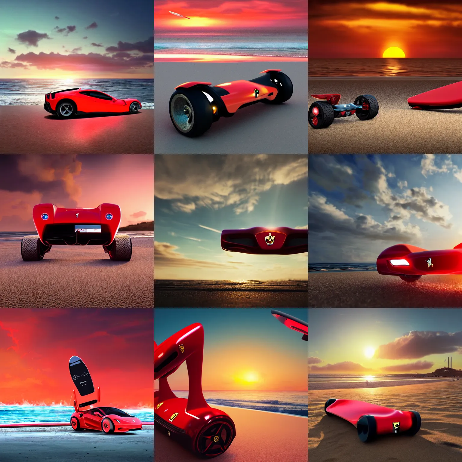 Prompt: concpet art featuring a futuristic red ferrari themed hoverboard sitting at the beach during sunset. fine detail. surf. this 4 k hd image is trending on artstation, featured on behance, well - rendered, extra crisp, features intricate detail, epic composition and the style of unreal engine.