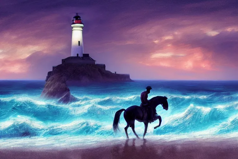 Image similar to photo of man riding a horse along the beach, glowing underwater waves toward a lighthouse in the distance guiding his way, silhouette, wide horizon, large white clouds, seagulls, night, intricate, elegant, highly detailed, digital painting, artstation, concept art, smooth, sharp focus, illustration, art by artgerm and greg rutkowski and fra angelico