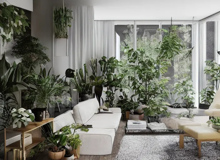 Prompt: interior design of a living room, inspired by brutalism, lots of plants, tiny windows