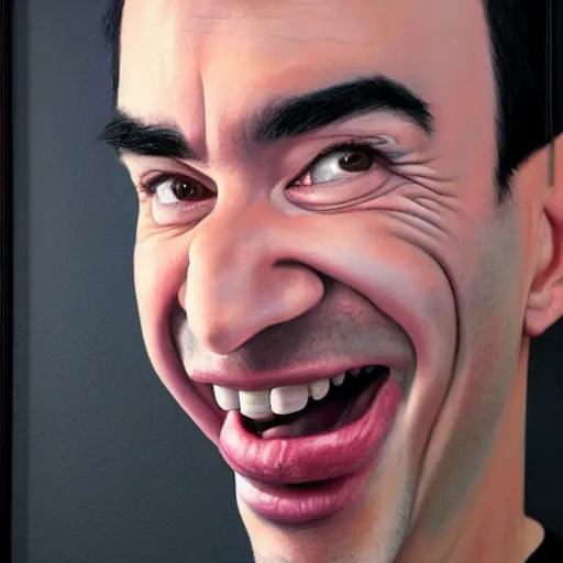 Image similar to hyper realistic portrait of a 3 d caricature of nathan fielder making absurd faces, painted by greg rutokowski, artgerm