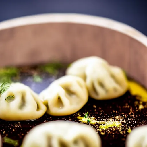 Prompt: a 5 0 mm macro shot of hot dumplings with dill, gooey, depth of field, high resolution