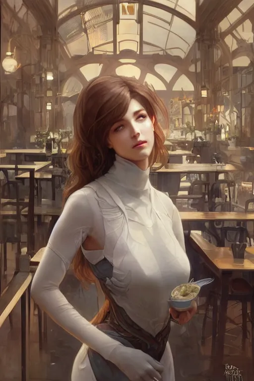 Image similar to an attractive serene cute android in a cafe, partially human , partially biomedical design , natural atmosphere, great high details, highly reaslitic, cinematic lighting, intricate, elegant, super highly detailed, art station, concept arD, beautiful, delicate, art by artgerm and greg rutkowski and alphonse mucha and loish and WLOP