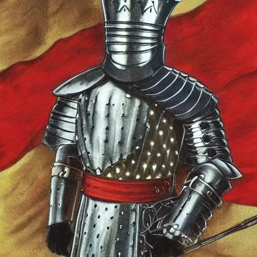 Prompt: knights armor, donald trump, crown, donald trump's face, detailed face, posing like a knight, boots!!!, vibrant colors, medieval castle, valiant, by hans thoma