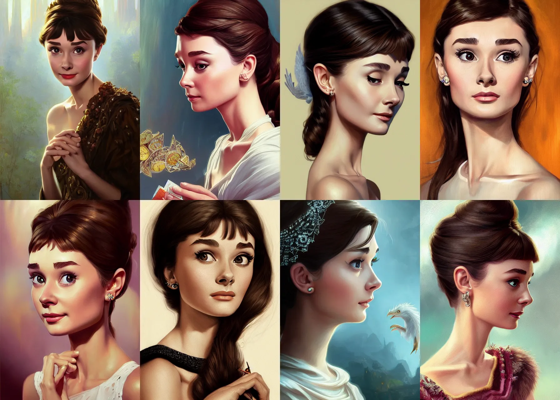 Prompt: emotional portrait of young audrey hepburn, deep focus, d & d, fantasy, intricate, elegant, highly detailed, digital painting, artstation, concept art, matte, sharp focus, illustration, hearthstone, art by rhads, artgerm and greg rutkowski and alphonse mucha