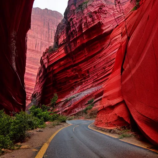 Prompt: a red cathedral in a canyon. overcast sky.