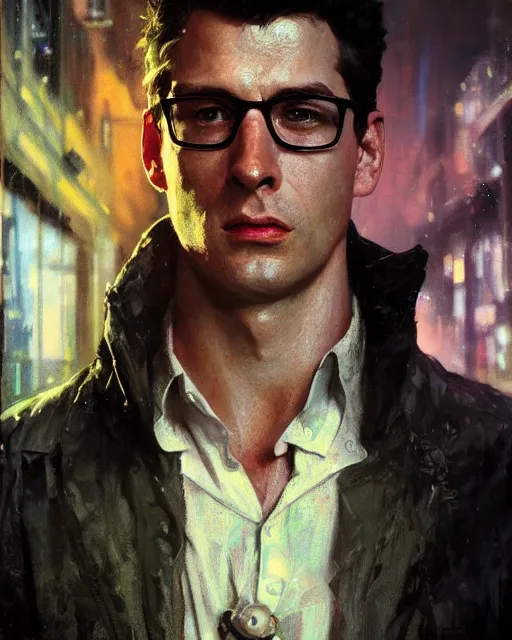 Prompt: egon spengler, hyperrealistic portrait, bladerunner street, art of elysium by jeremy mann and alphonse mucha, fantasy art, photo realistic, dynamic lighting, artstation, poster, volumetric lighting, very detailed face, 4 k, award winning