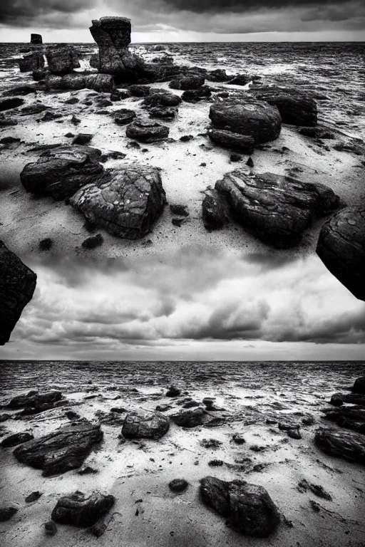Image similar to a stormy sea shore with brutalist giant architectural rocks, grey tones, 8k resolution, dramatic sky, 3D, depth of field, futuristic , detailed digital art