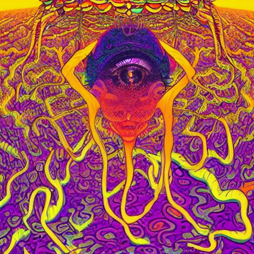 Image similar to A beautiful composition of a psychedelic glowing spirit animal psychonaut floating above a hedge maze, DMT, rich details full of texture, realistic eyes, artwork by Satoshi Kon and Yoshitaka Amano and Moebius,