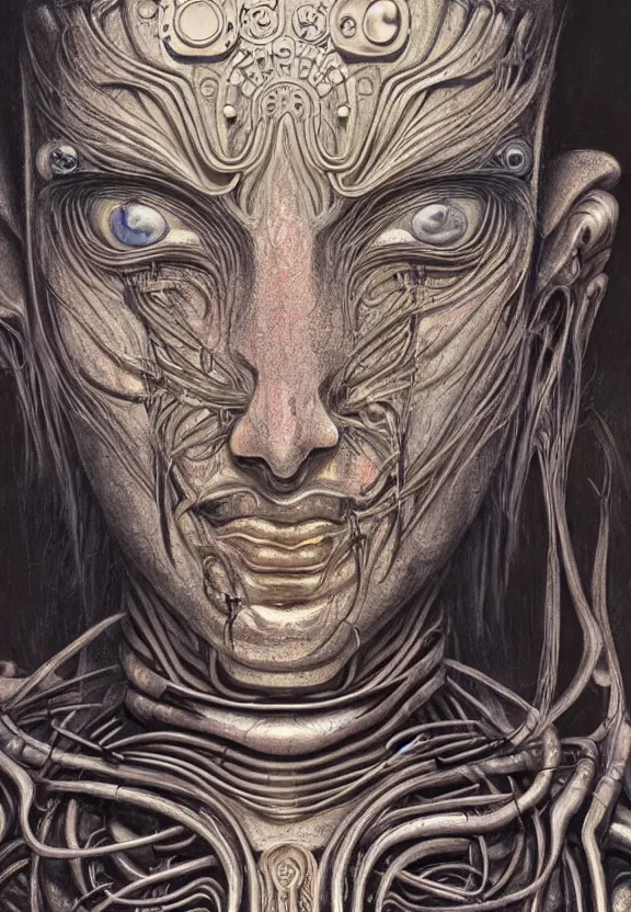 Image similar to perfectly centered portrait, front view of a beautiful biomechanical cyberpunk alien android robot buddha, female, flowing hair, intense stare, sarcastic smile, symmetrical, concept art, intricate detail, volumetric shadows and lighting, realistic oil painting by alex grey and h. r giger,