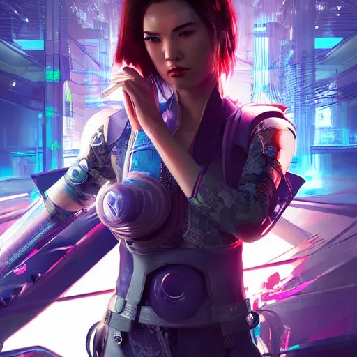 Prompt: a stunning portrait of samurai netrunner woman cyborg by Evelyn De Morgan and Ross Tran, cyberpunk 2077 rossdraws, fresco, hard surface, concept art