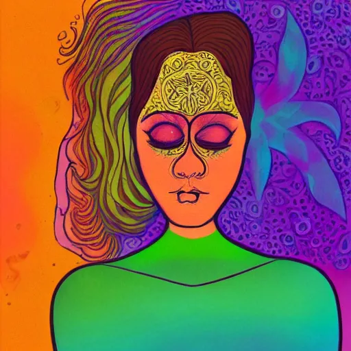 Image similar to a psychedelic illustration of my lehrman doing yoga, medium long brown orange hair, green eyes, round face, thin eyebrows, modern art, purple, pink, green, yellow, orange, dramatic, intricate, detailed, art by famous artist