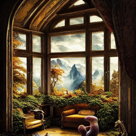 Image similar to fantastical living room with switzerland landscape in the window by marc adamus, beautiful dramatic lighting, overgrown with funghi, style by peter deligdisch, peterdraws