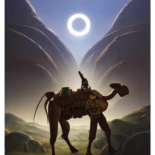 Prompt: cybernetic cyborg warrior, wretched camel, by Christophe Vacher and John Harris